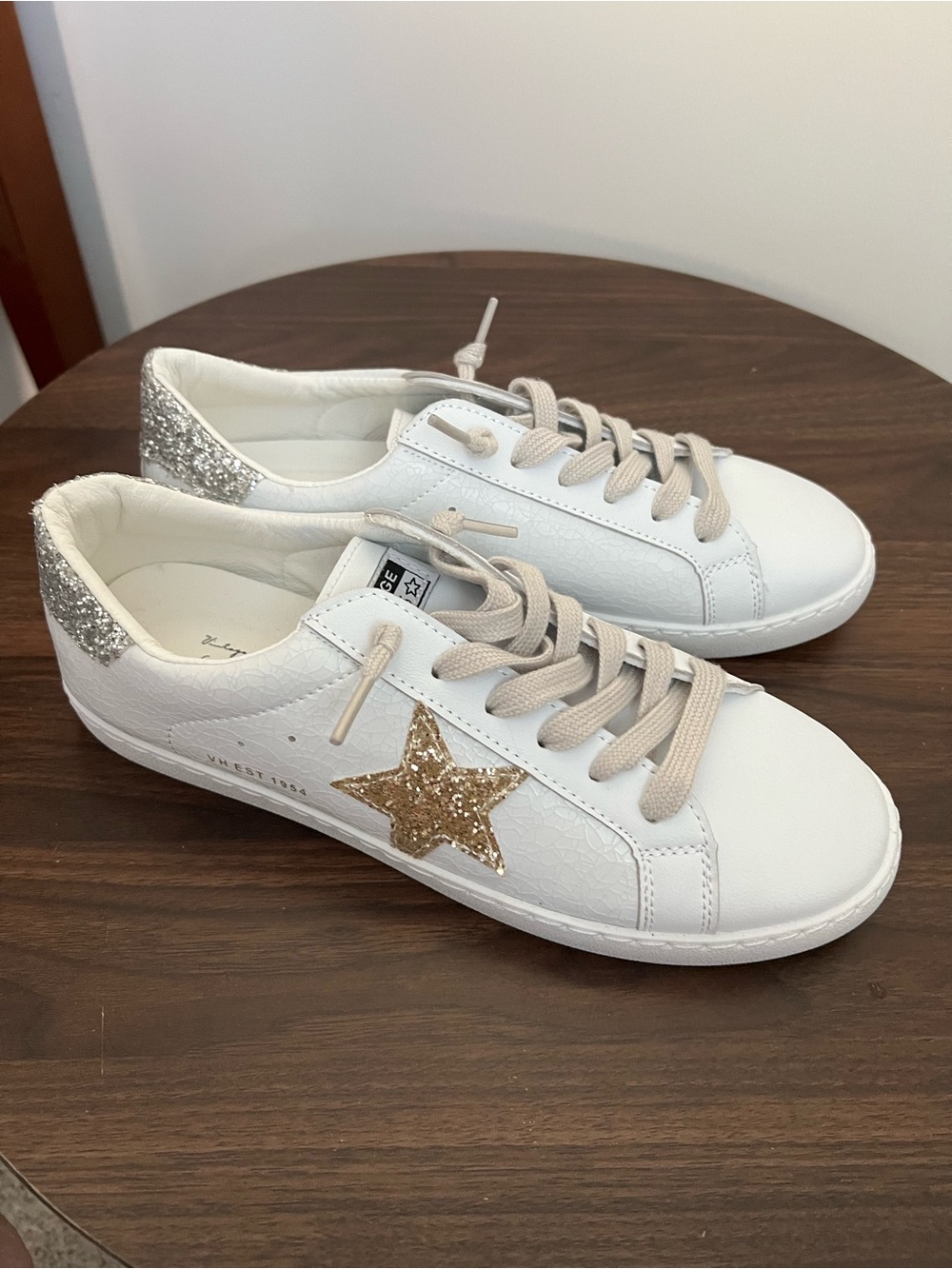 Vintage Havana White Sneakers with Gold Glitter Star and Silver Glitter Heel